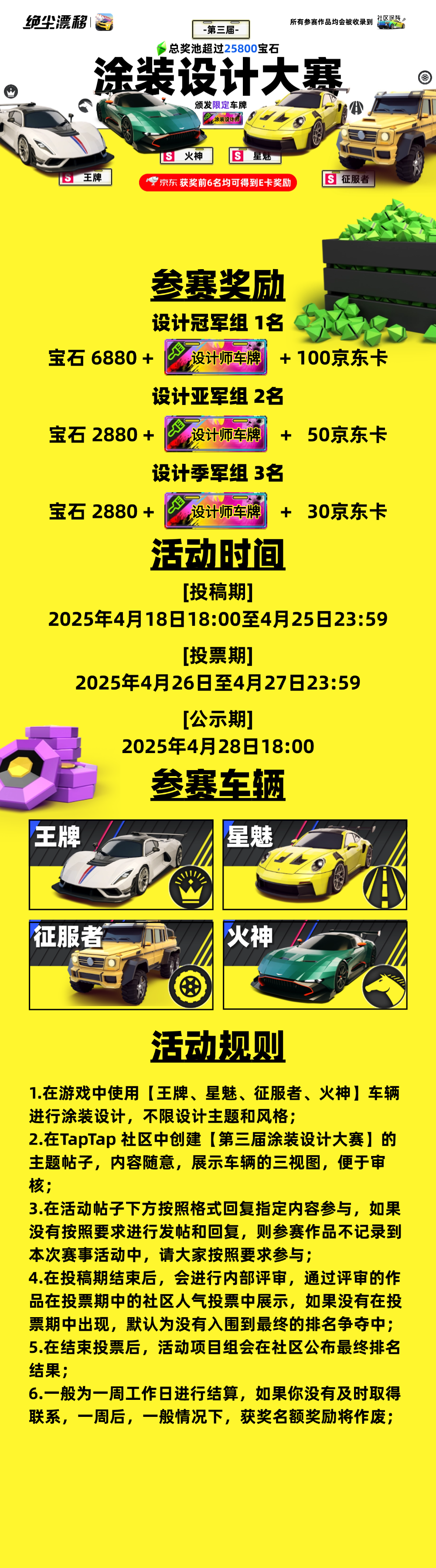 绝尘漂移【第三届涂装设计大赛】奖池25800宝石，前6名领限定车牌和京东卡