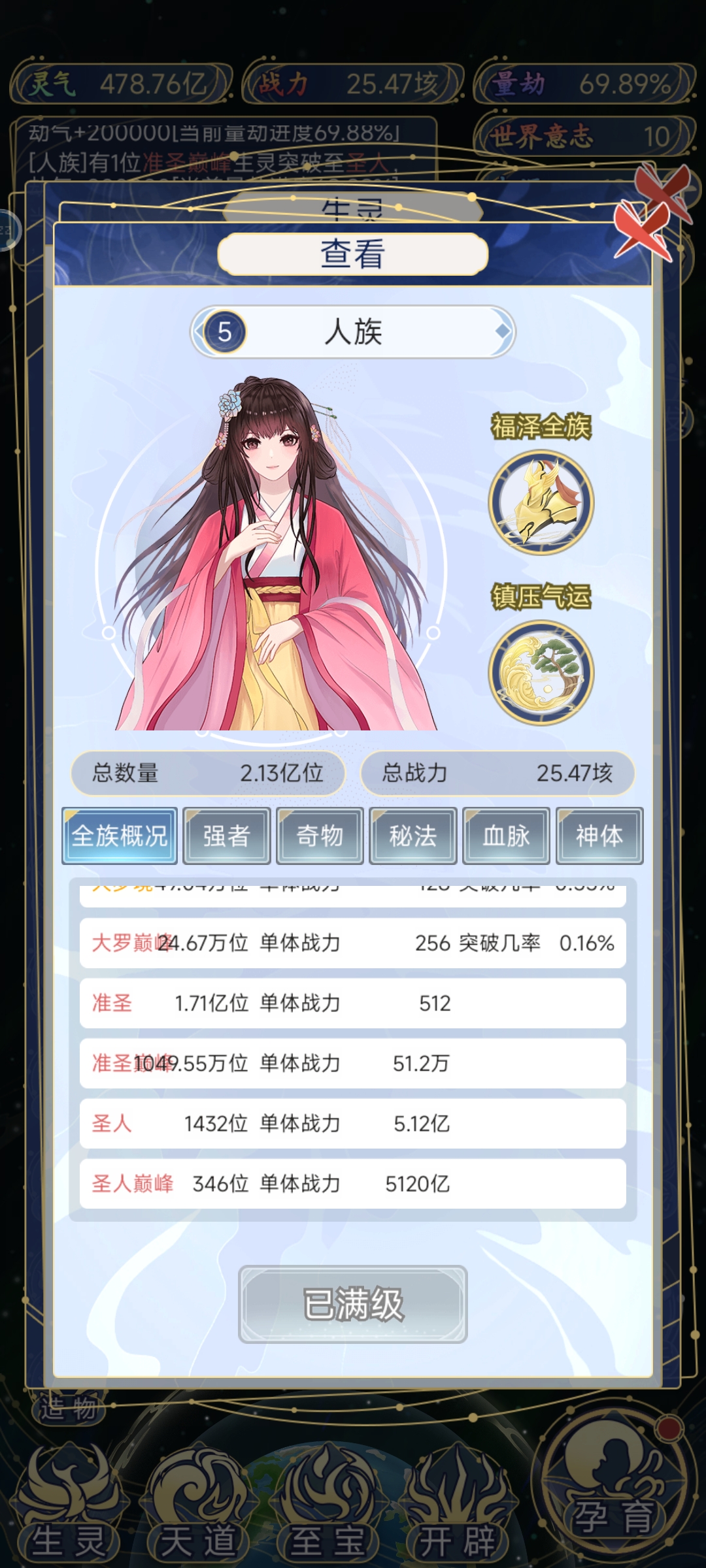 天道：创造1族模式（目标：人族准圣巅峰个数≥1e9）