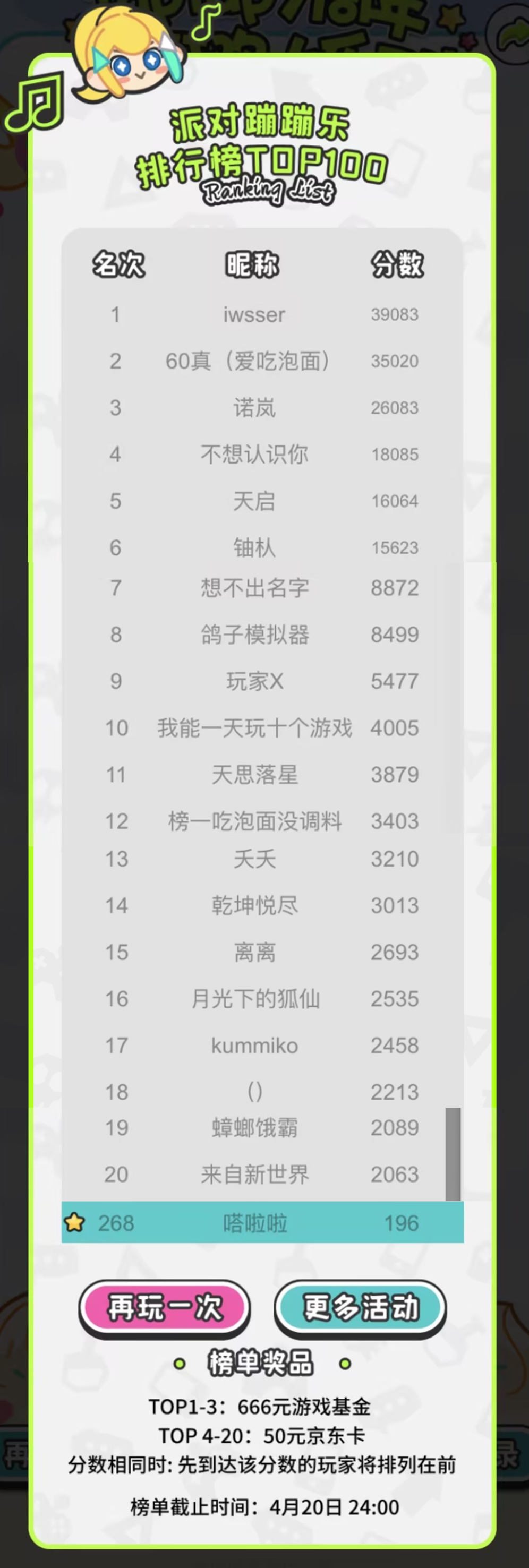 TapFamily【公告】派对蹦蹦乐TOP20榜单公示
