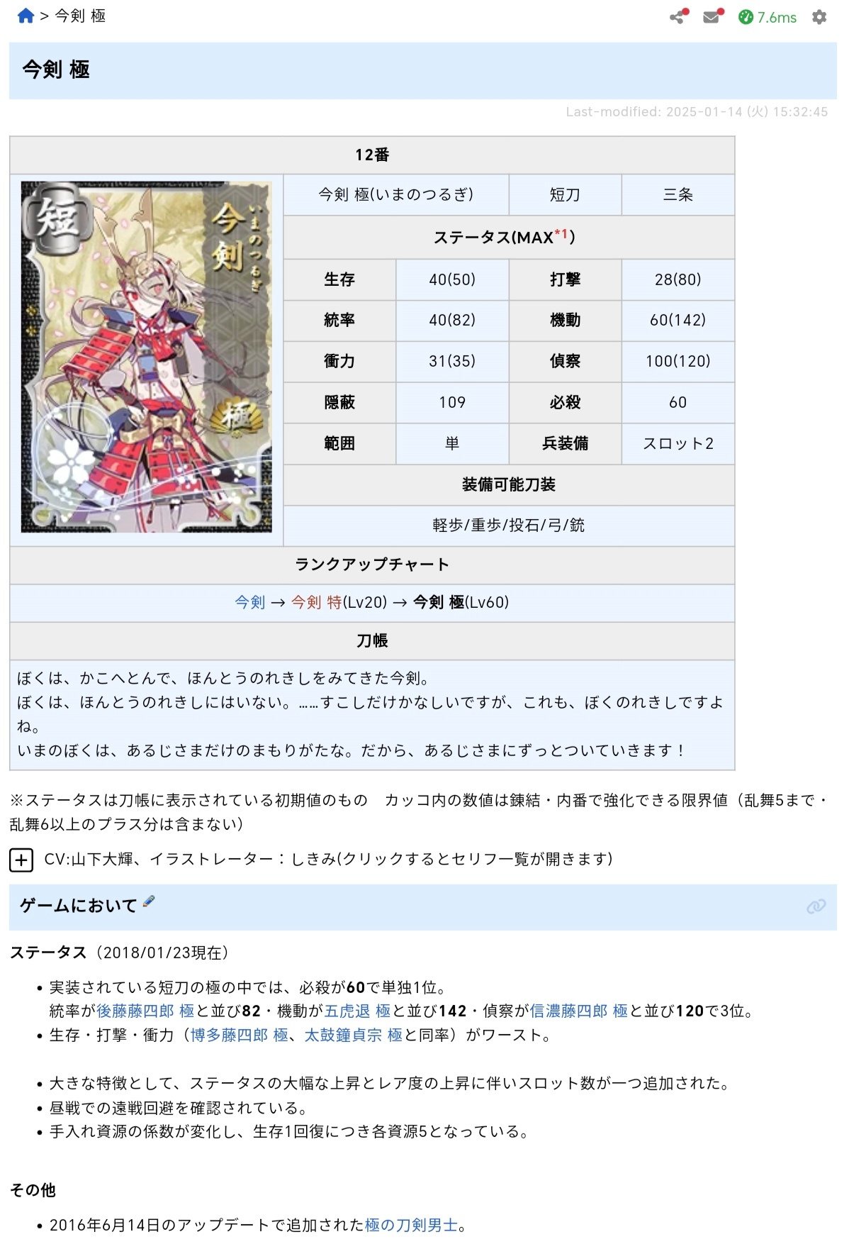 刀剑乱舞-ONLINE-搬运/日服wiki现有极化数据（上）