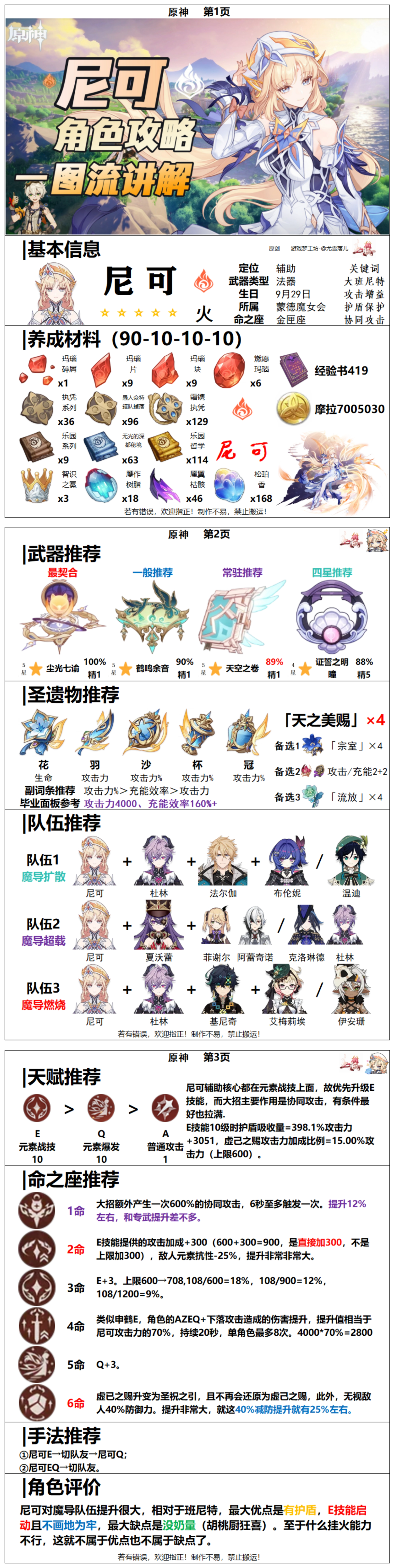 原神原神攻略：尼可攻略一图流，武器圣遗物、天赋命之座、队伍等讲解
