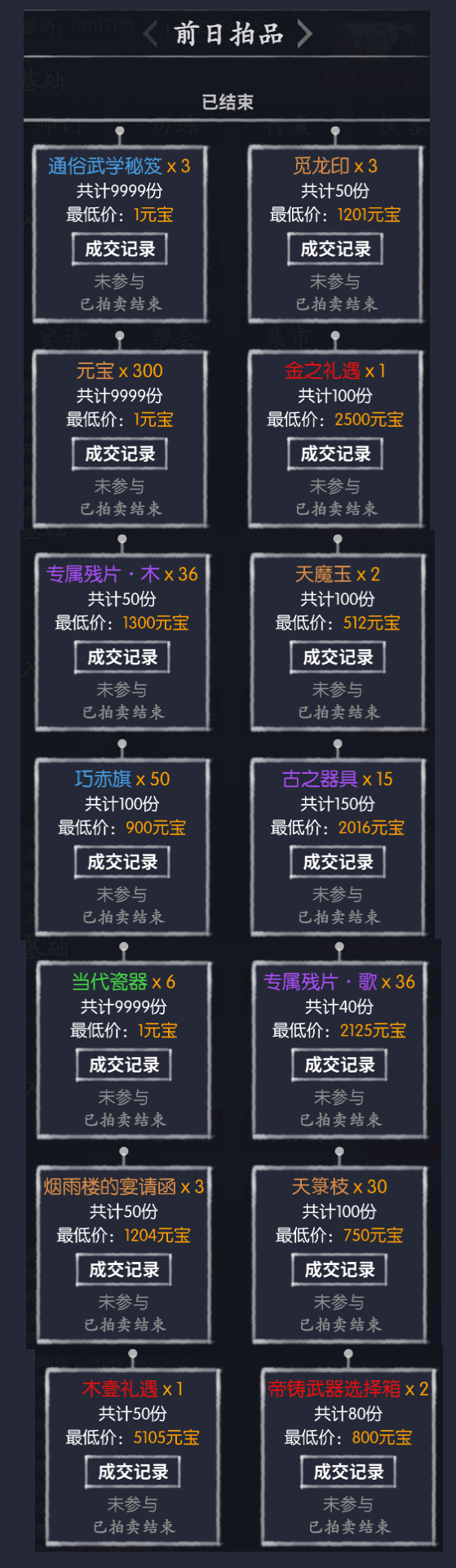 你的江湖本期拍卖活动，三日商品汇总（2025.9.12）